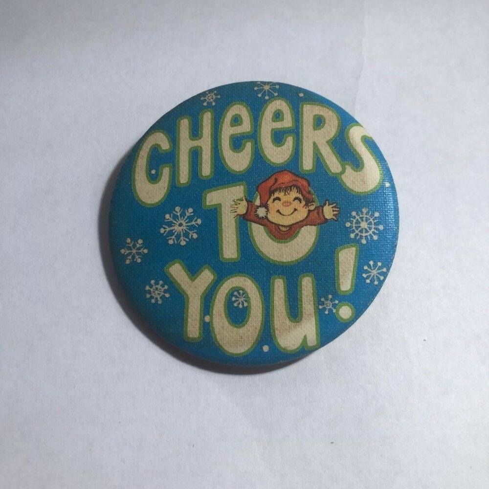 Vintage Hallmark Cheers to You Winter Child Elf Christmas Button Pin Lapel Pin